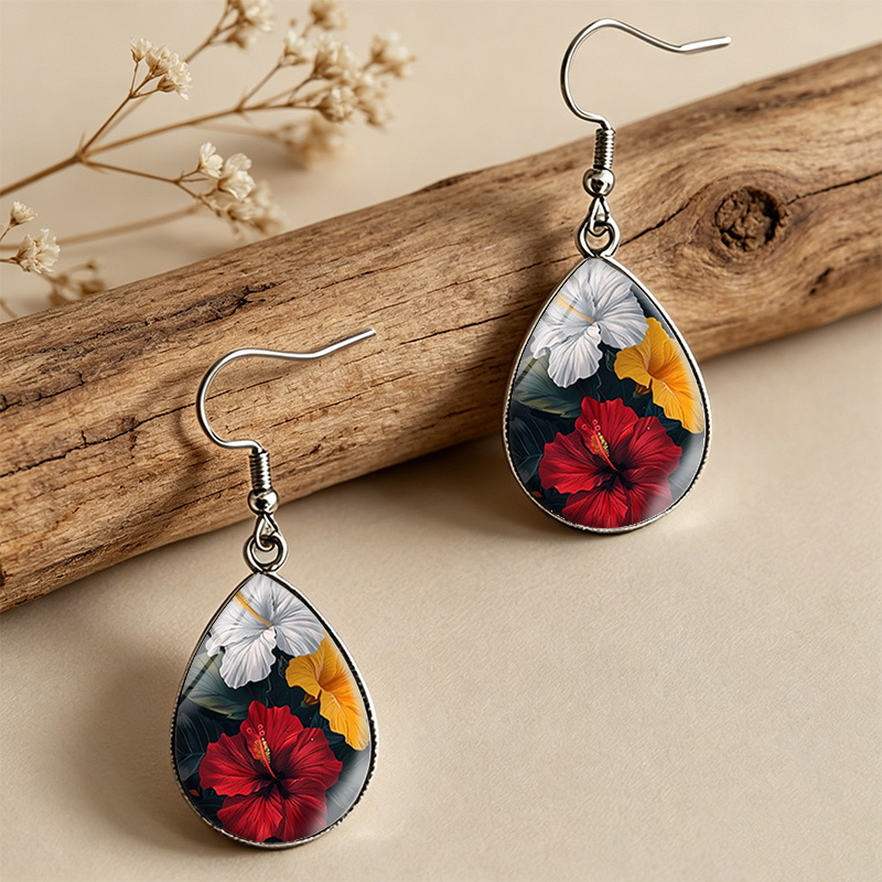 Women's Three Colors Hibiscus Flower Tear Drop Glass Cabochon Earrings